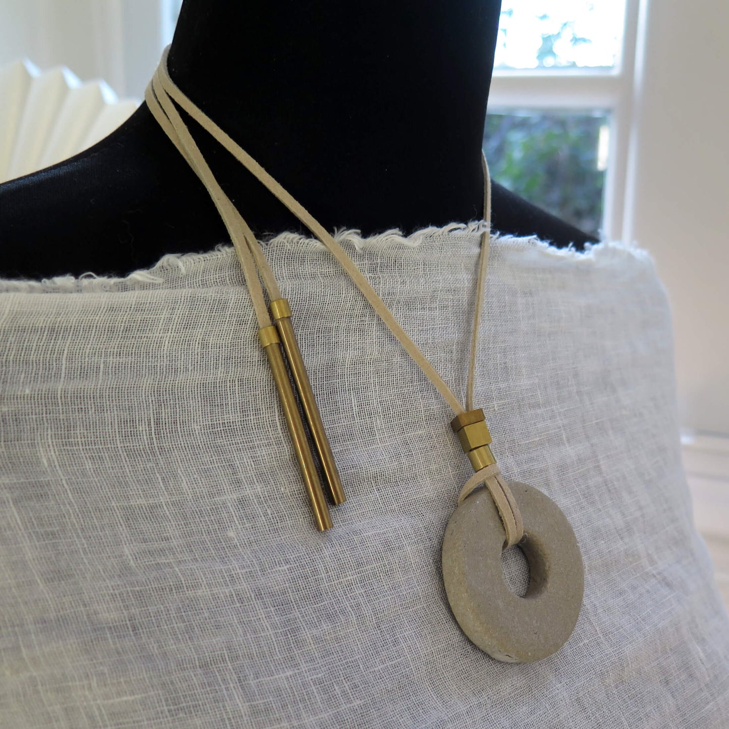 Concrete pendant on vegan suede with antique bronze and raw brass #2