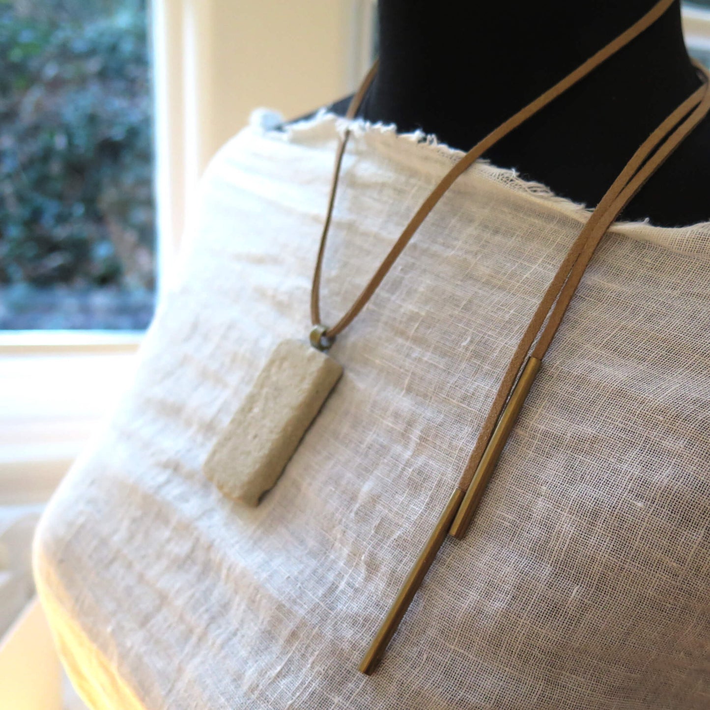 Narrow slab pendant | Adjustable length necklace | Vegan suede | Antique bronze | #1