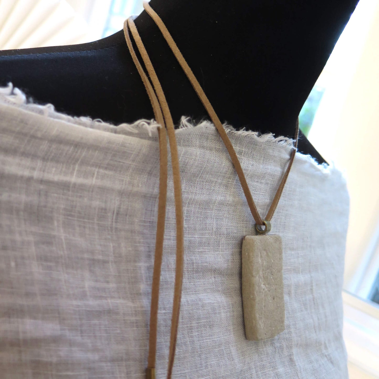 Narrow slab pendant | Adjustable length necklace | Vegan suede | Antique bronze | #1