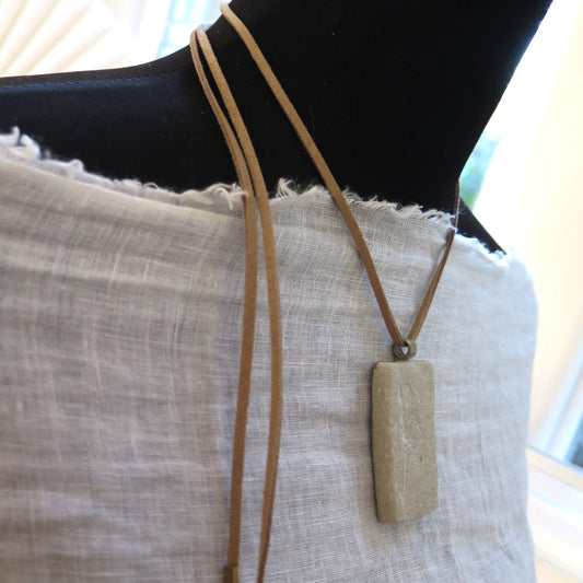 Narrow slab pendant | Adjustable length necklace | Vegan suede | Antique bronze | #1