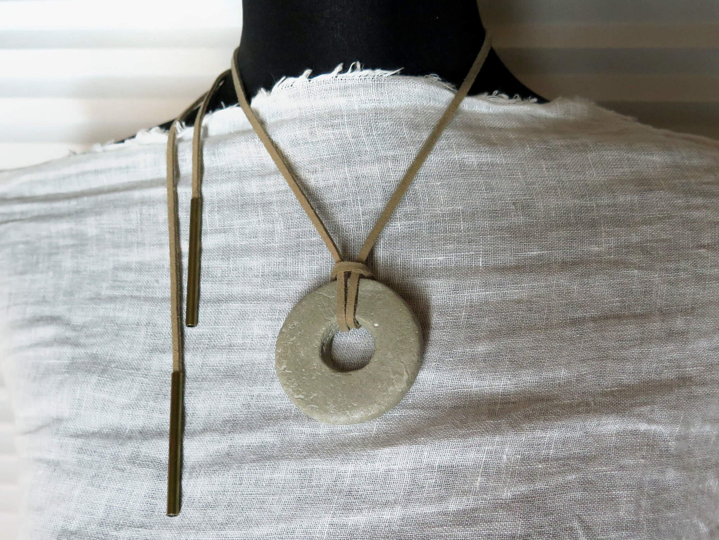 Concrete ring pendant | Adjustable length necklace | Vegan suede | Antique bronze | #1
